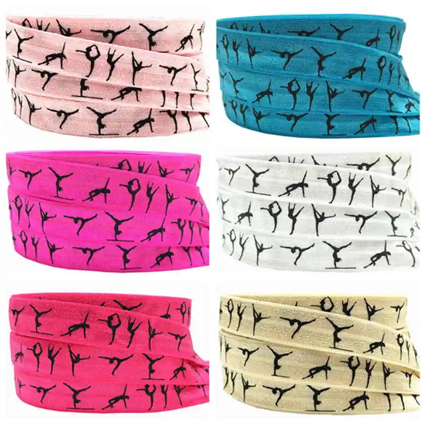 10Yards 5/8\'\' Colouful Gymnastics Print Fold Over Elastic Stretchy FOE Girls\' Hair Tie Accessories DIY Handmade Webbing Headband