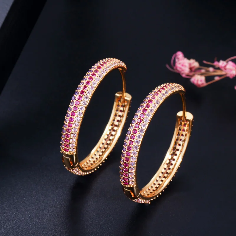 CWWZircons Designer Rainbow Red Purple Cubic Zirconia Big Round Gold Color Huggie Hoop Earrings for Women Gift Accessories CZ564