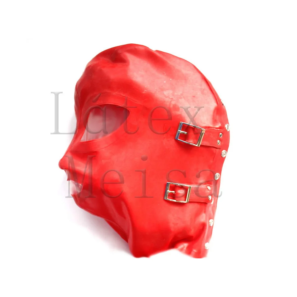 

Latex red hoods adult rubber masks attached drawstring and including patch and masks with back zip