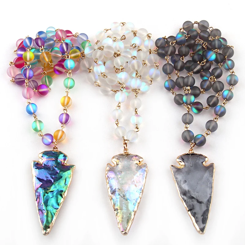 8mm Fashion Beautiful Shiny Crystal Rosary Chain  Crystal Arrowhead Pendant Necklaces Women Ethnic Necklace