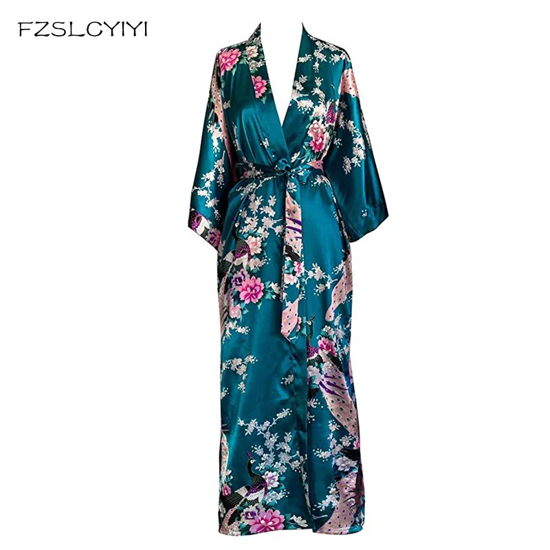 FZSLCYIYI Women\'s Peacock Kimono Robe Sexy Floral Bridal Bridesmaid Robes Woman Flower Party Wedding Long Sleepwear Bathrobe