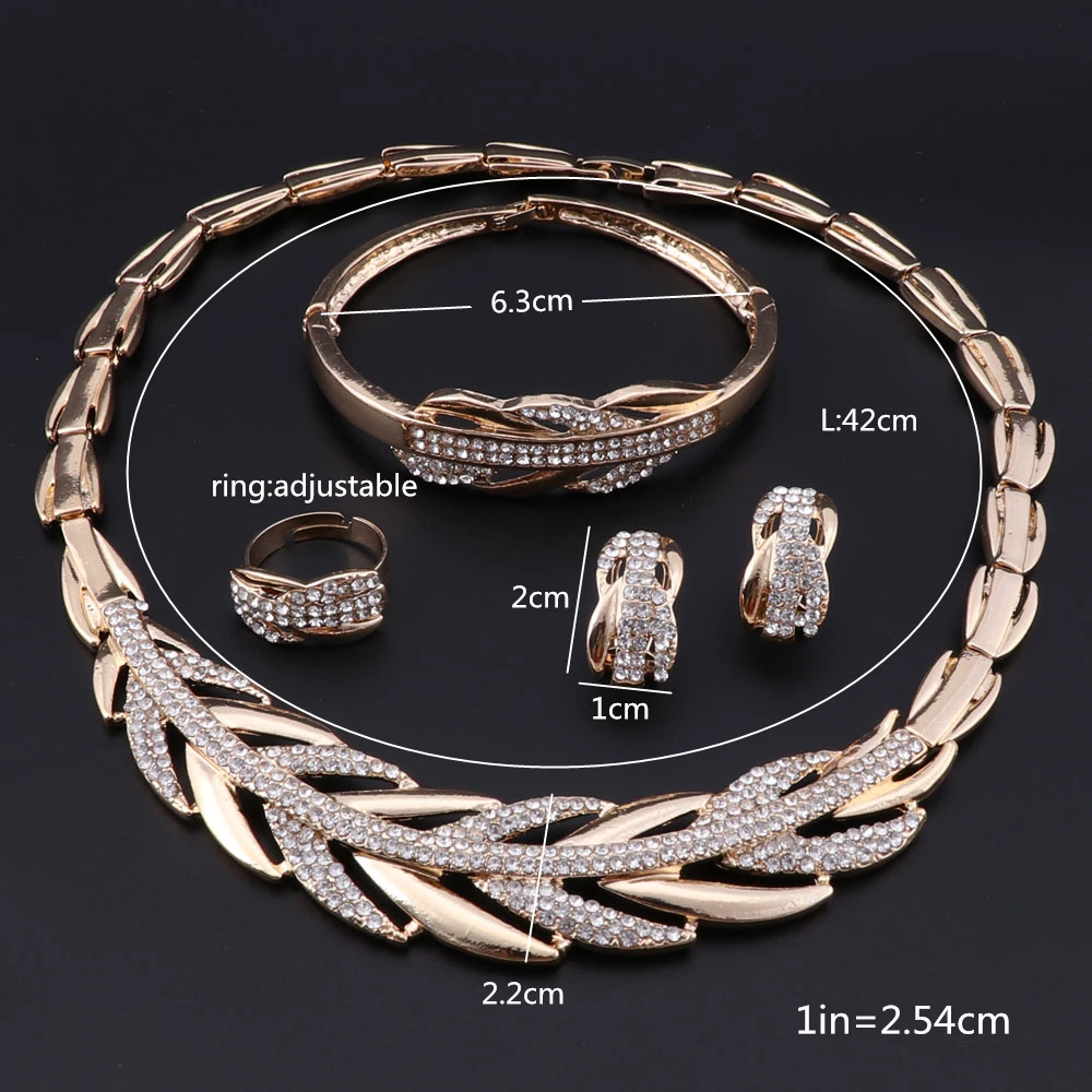 Fashion Dubai Gold Color Crystal Necklace Bangle Ring Earring Women Italian Bridal Party Accessories Jewelry Set