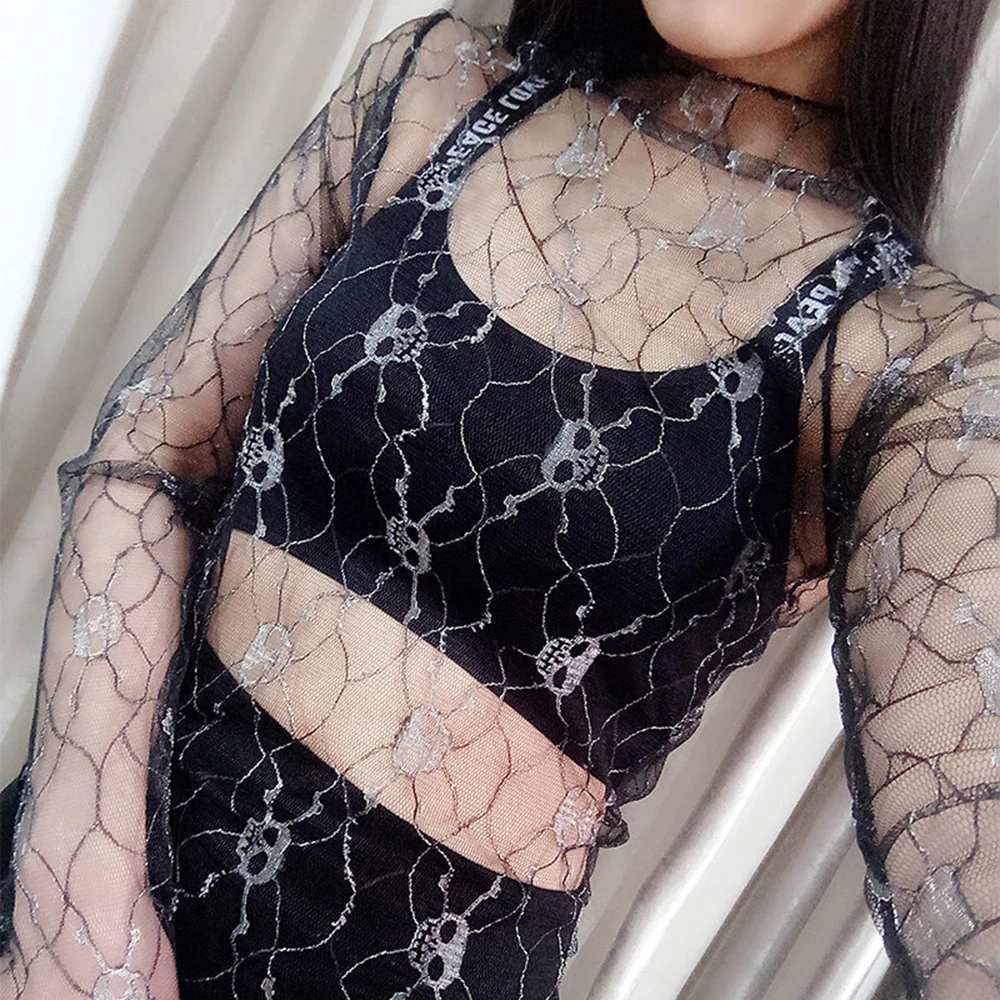 Sexy Striped Dot Print Embroidery Mesh Blouse Turtleneck Long Sleeve Shirts Hollow Out Lace Tops Polyester Mesh Shrt Perspective