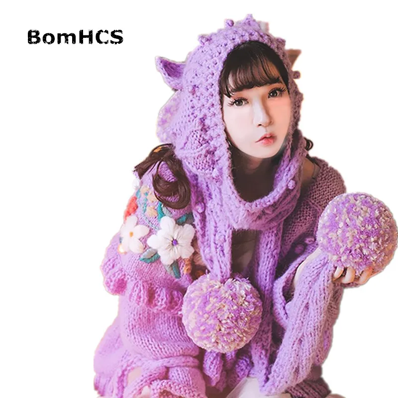 BomHCS Cute Big Hat with Scarf Winter Women Beautiful Beanie Scarf 100% Handmade Knitted(without Gloves)