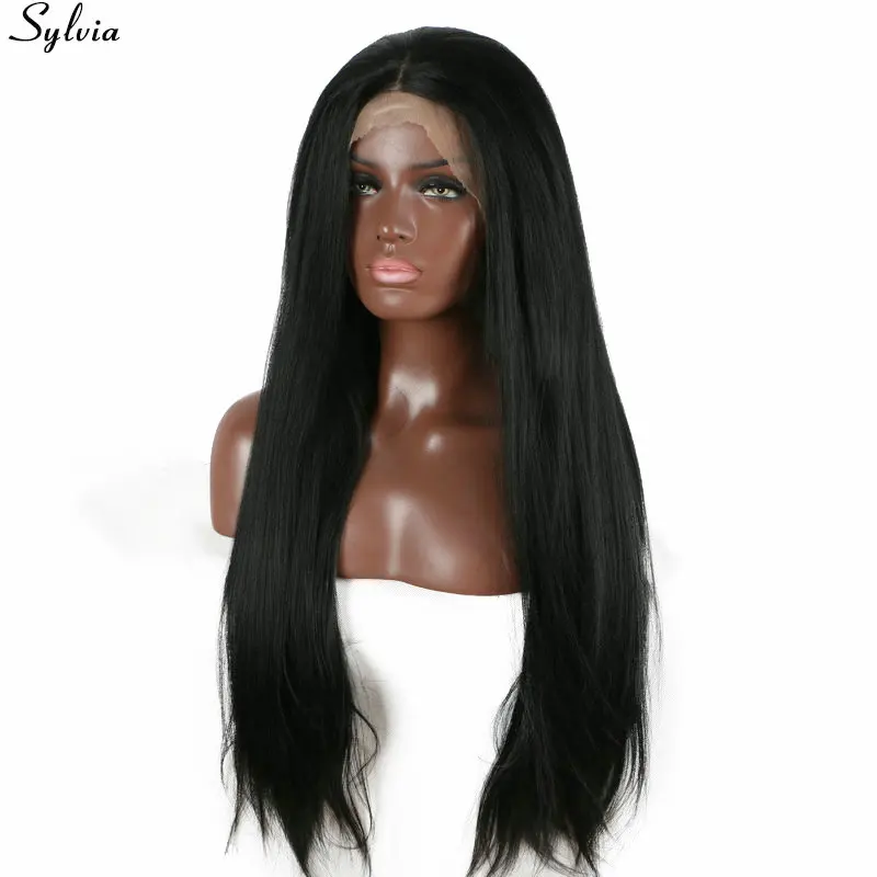 Sylvia 1b# Yaki Straight Wig Synthetic Lace Front Wigs Heat Resistant Fiber Black Hair For Women