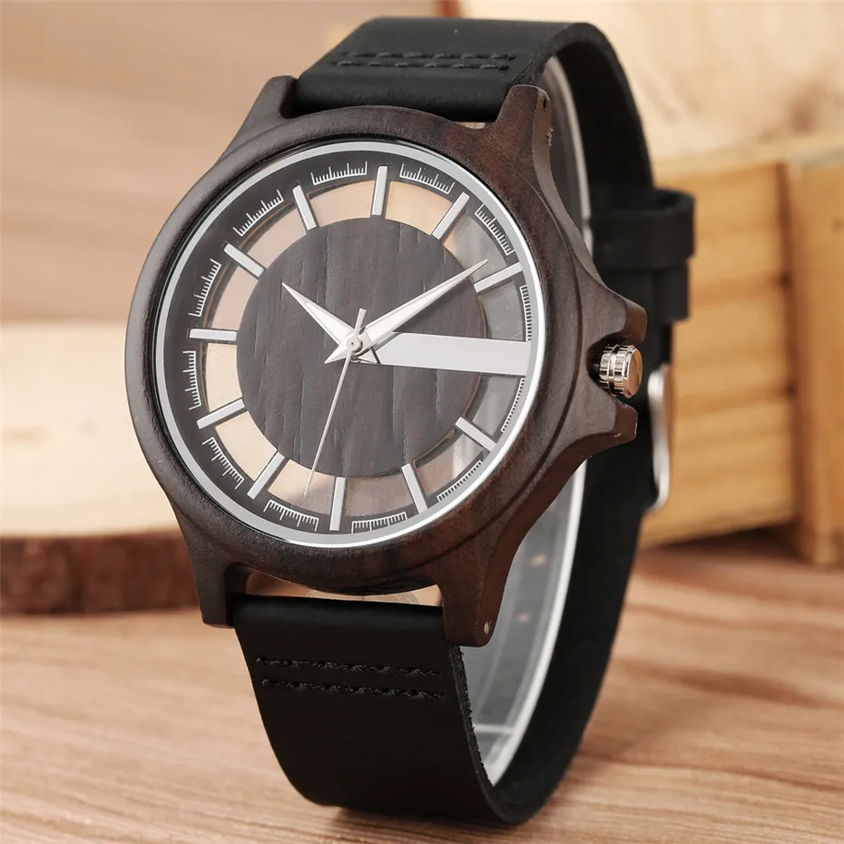 Transparent Hollow Dial Coffee/Brown/Black Wood Watches Quartz Timepiece Genuine Leather Watchband Creative Men\'s Watch New 2019