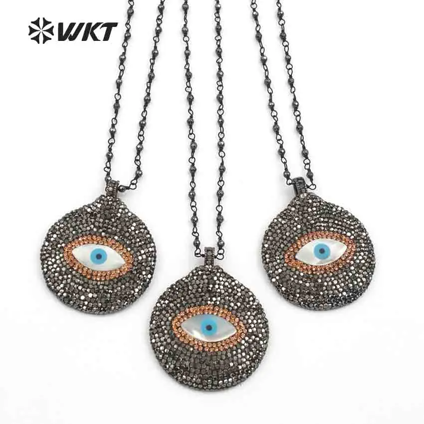 WT-NV214 Wholesale New Arrival Elegant CZ Rhinestone Pave Jewelry Round Shape Hematite Beads  rosary Chain Pendant Necklace