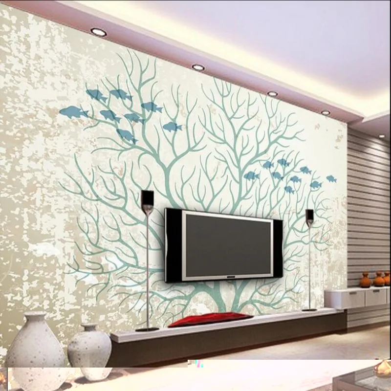 

wellyu Custom large fresco abstract tree hand - painted Mediterranean fish TV wall wallpaper wallpaper papel de parede