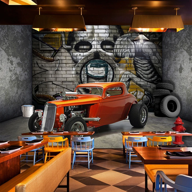 Custom 3D Wall Murals Wallpaper Creative Stereoscopic Space Car Skull Street Graffiti Art Restaurant Background Wall Painting