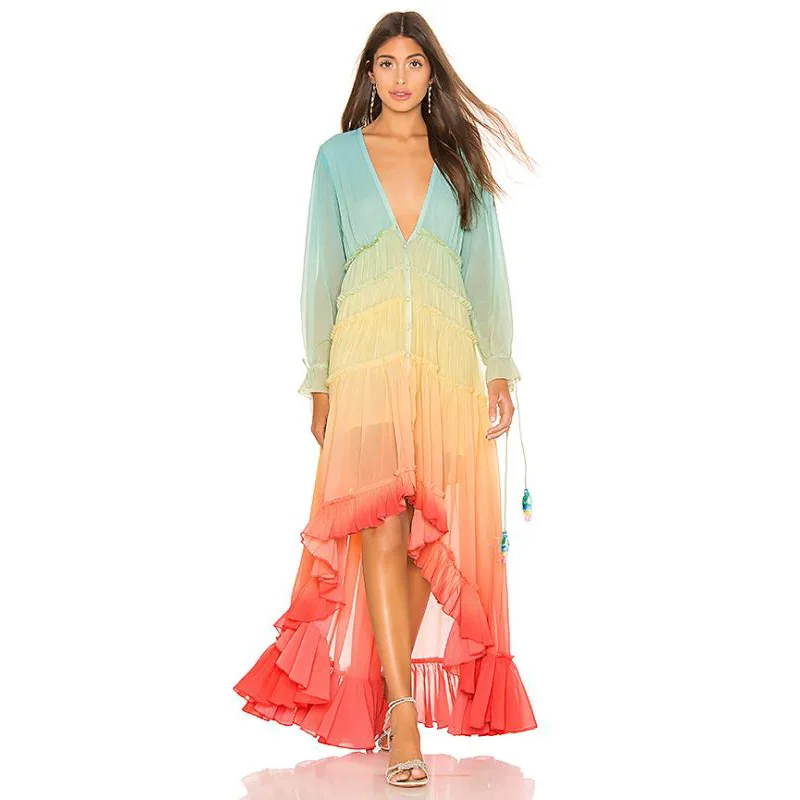 Imagem -04 - Mulheres Verão Boho Maxi Vestido Arco-íris Gradiente Cor Manga Cheia Elegante Vestido de Praia Botão Cardigan Solto Vestidos Casuais 2023