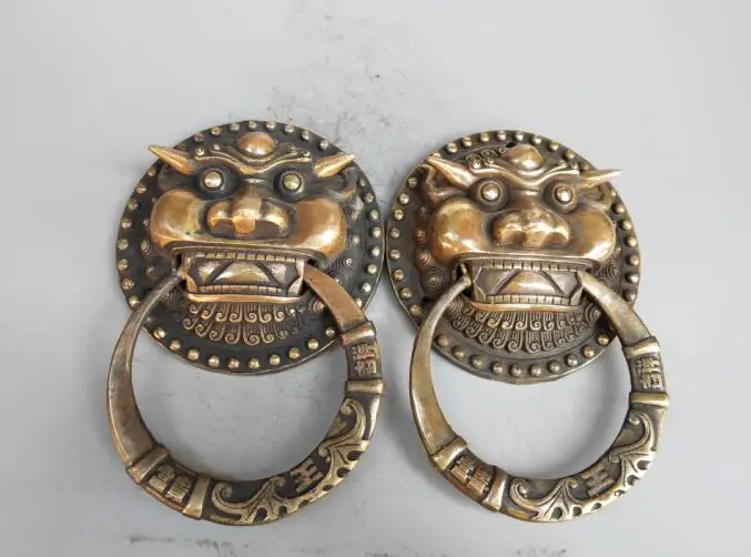 Chinese archaize brass kirin head door rings crafts statueir