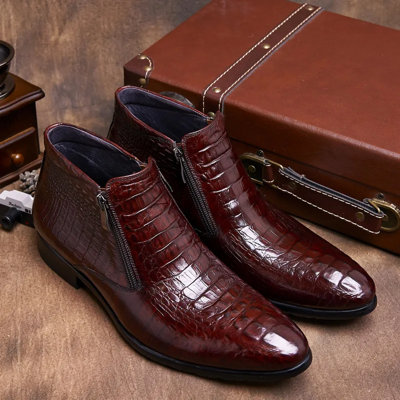 

Crocodile Grain brown tan / black mens ankle boots embossed genuine leather dress boots autumn mens wedding shoes