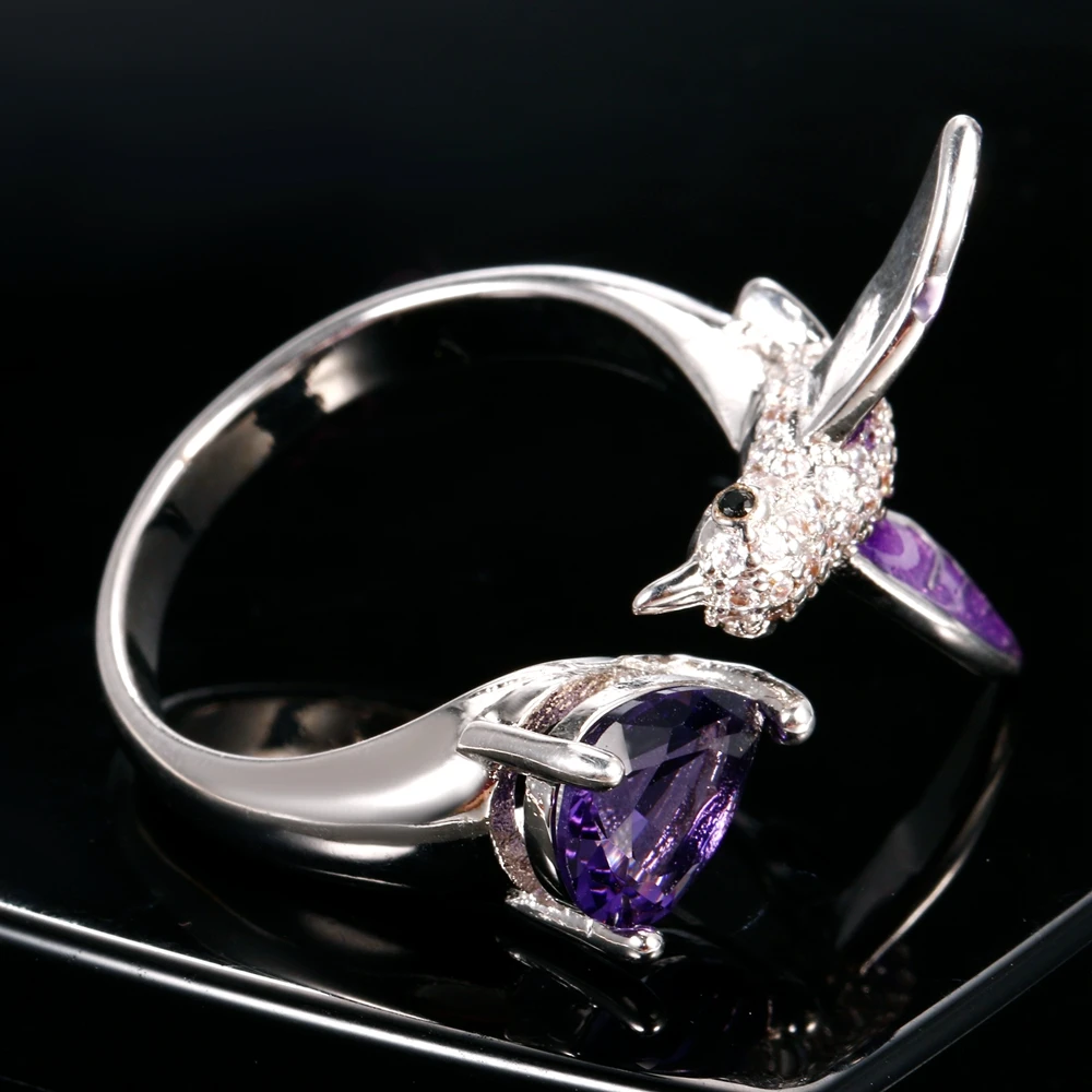Original Bird Design Purple Amethyst Adjustable Open Rings For Women Top Quality Fashion 925 Silver Jewelry Bohemia Wedding Ring