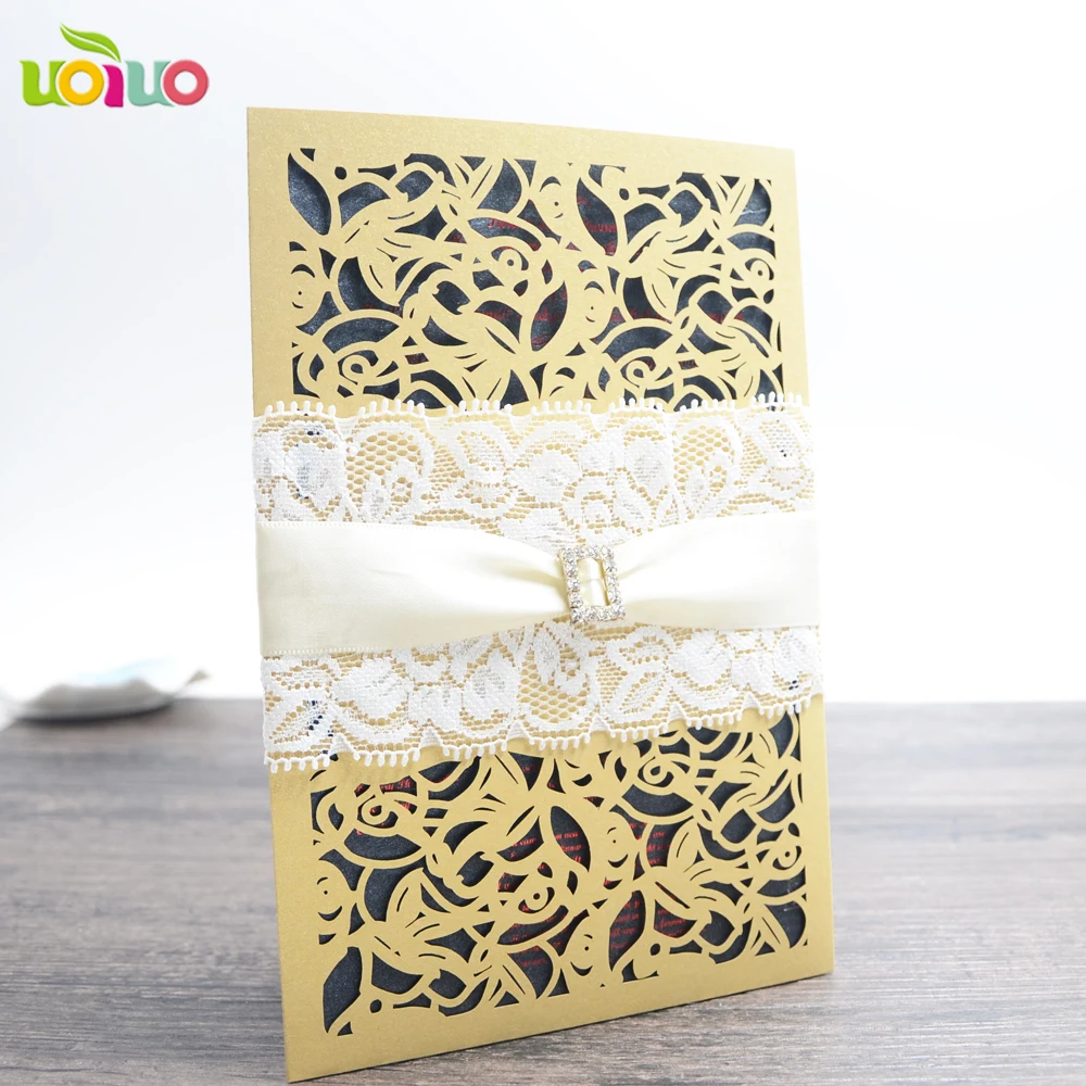 

50set inc143 Gold Red White Laser Cut Luxury Flora Wedding Invitations Card Elegant Lace Baby Shower Event & Party