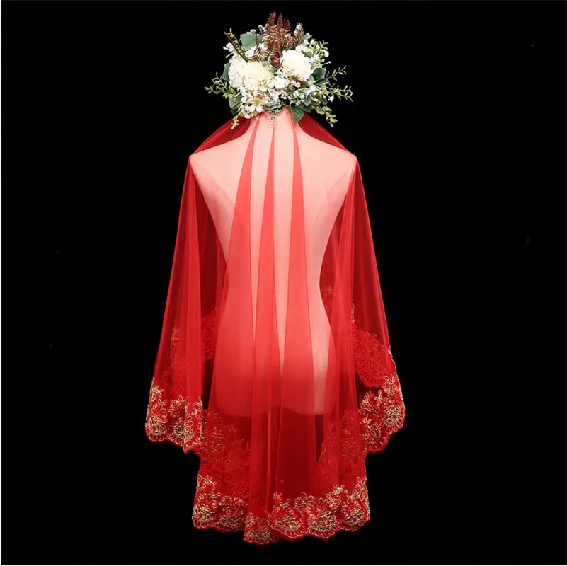 Vermelho brial véus uma camada adulto ouro renda borda appliqued casamento véu curto de novia 2022 accessoire mariage em estoque c