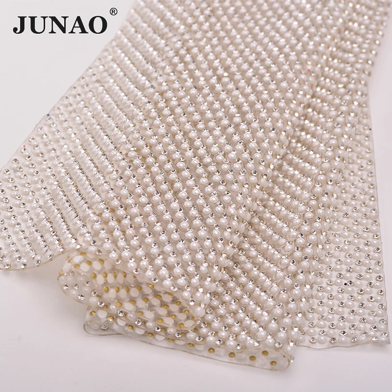 JUNAO 24*40cm Hotfix Pearl Rhinestones Trim Mesh White Pearl Beads Appliques Clear Crystal Fabric Strass Banding For Clothes