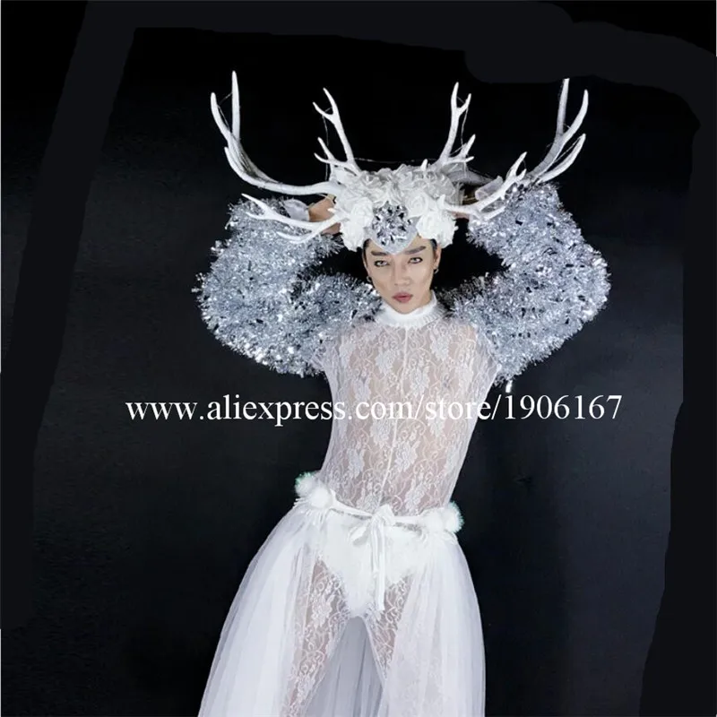 White Antlers Stage Ballroom Costume Led Light Up Antlers Head Clothing Party Christmas Performance DJ Singer Clothes Dance Suit