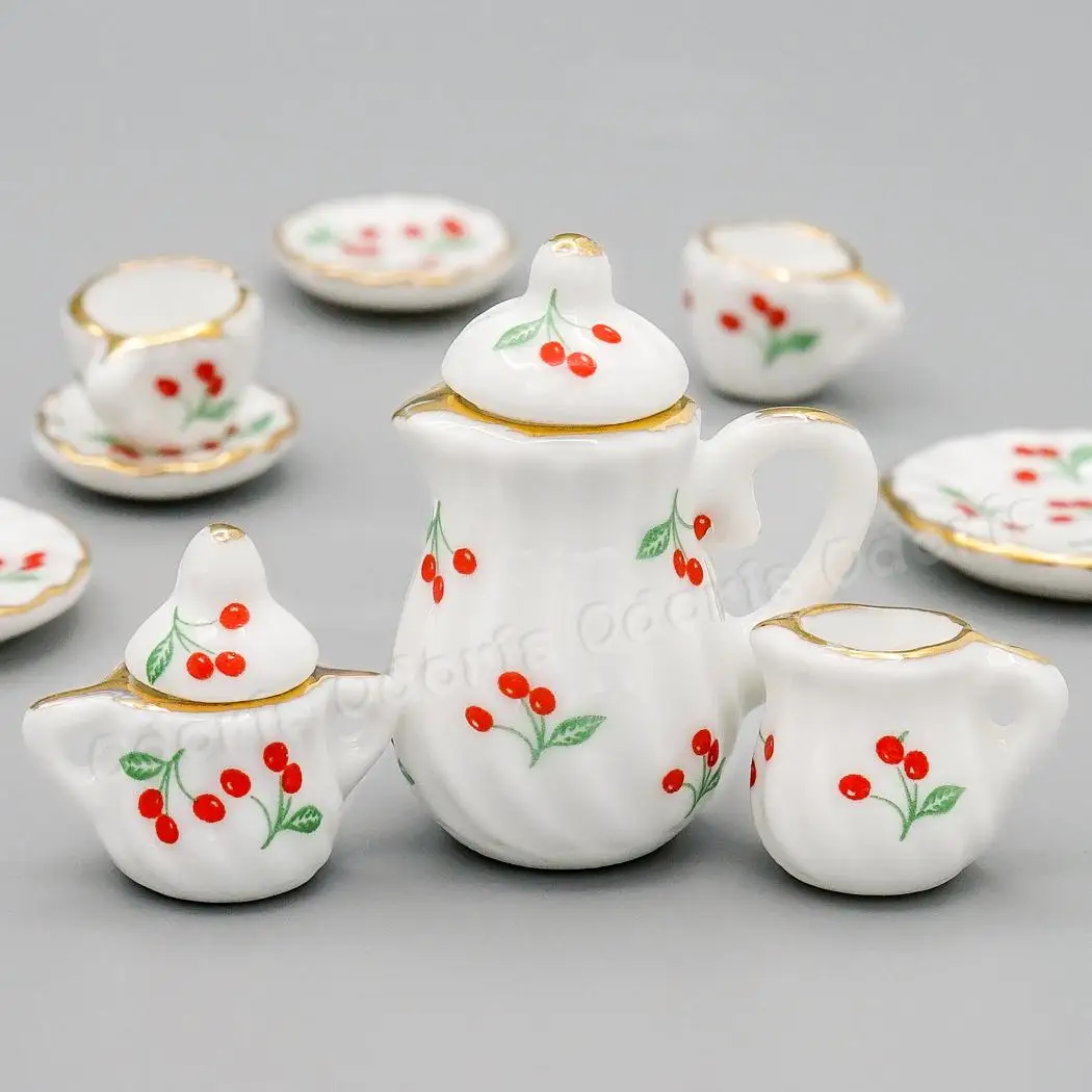 Odoria 1:12 Miniature 15PCS Tea Cup Set Red Cherries Golden Trim Porcelain Tableware Teaware Kitchen Dollhouse Accessories Decor