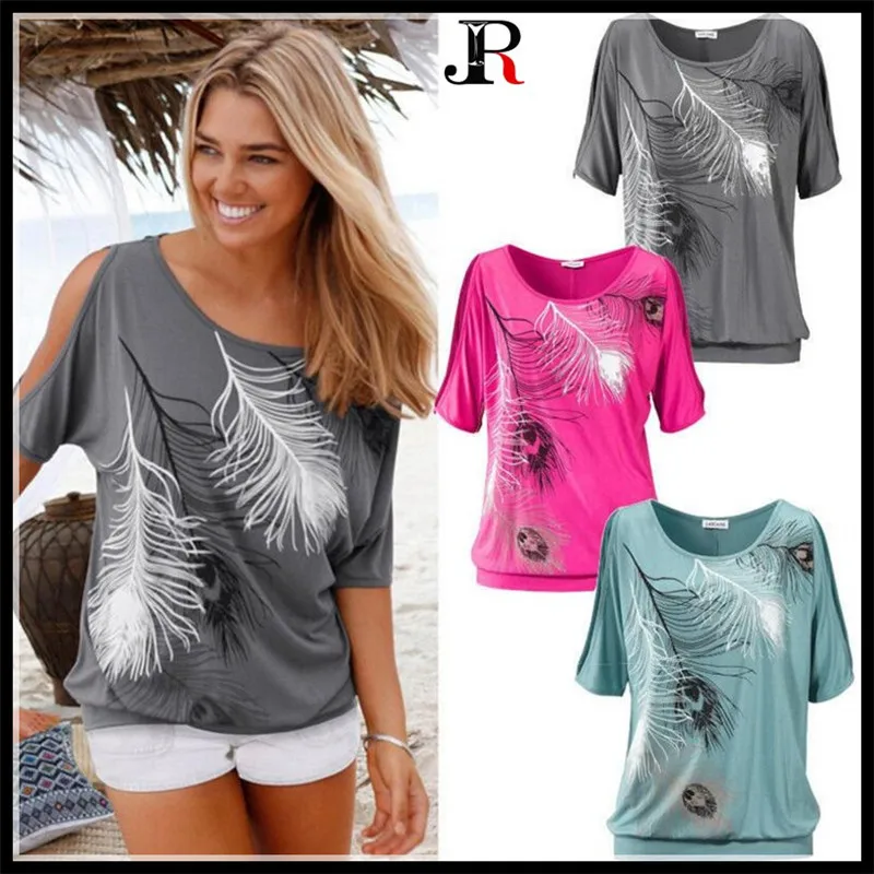 Camiseta holgada con cuello redondo para mujer y niña, Tops de manga corta con hombros descubiertos, estampado de plumas, suave y sin tirantes,