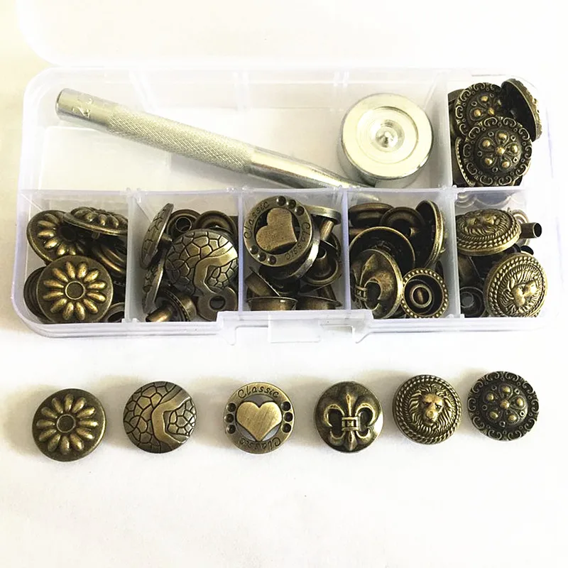 24sets Buttons Metal Snap Fastener Press Stud Buttons Poppers Leather for Coats Craft Jeans Button+Fixing Tools Kit+Storage Box