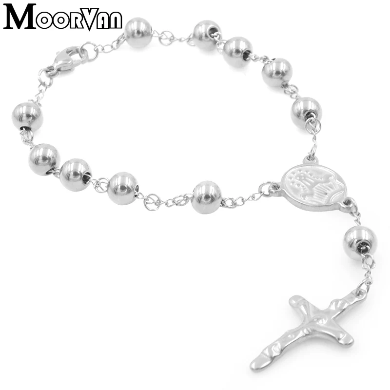 Moorvan 22cm*8mm beads rosary Bracelet For Men,cross Catholic church Stainless steel jewelry classical style,VRN20