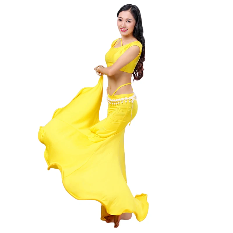 Ropa de práctica de danza del vientre para mujer, traje de actuación de danza del vientre Oriental, Top + falda + Pantalones cortos, conjunto de práctica de danza, 3 uds.