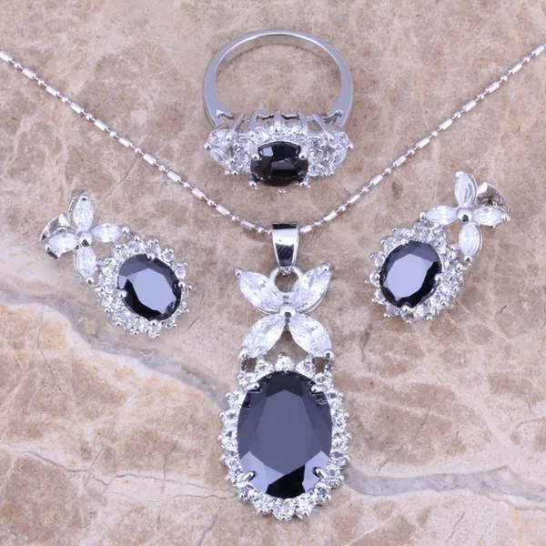 Black Cubic Zirconia White CZ Silver Plated Jewelry Sets Earrings Pendant Ring Size 6 / 7 / 8 / 9 / 10 / 11 / 12 S0038