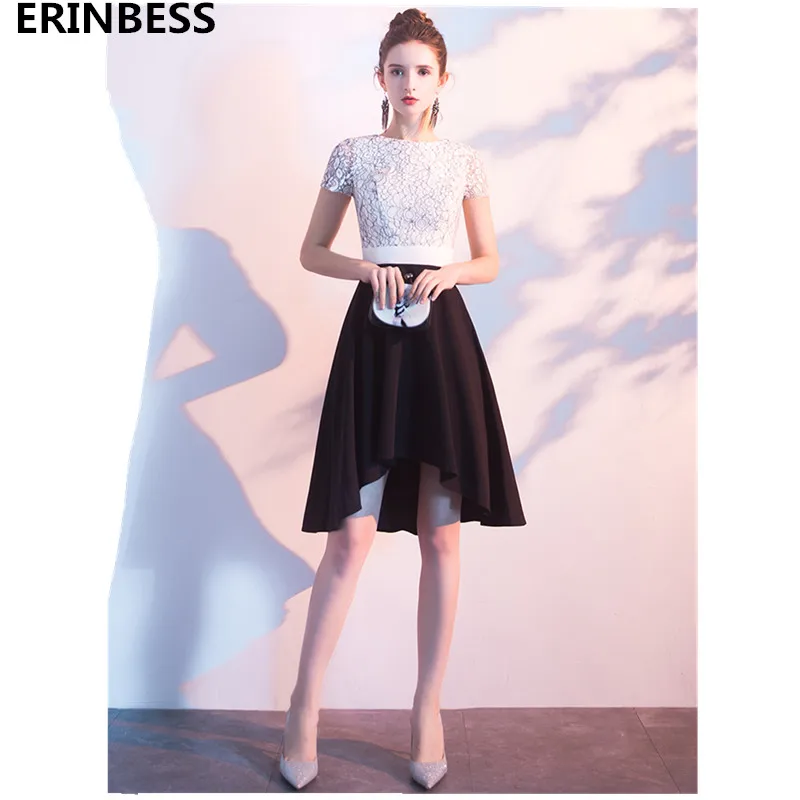 

Vintage Short Sleeve Short Prom Dresses 2020 Vestido De Festa O-Neck White And Black Prom Dress Formal Party Gowns For Women