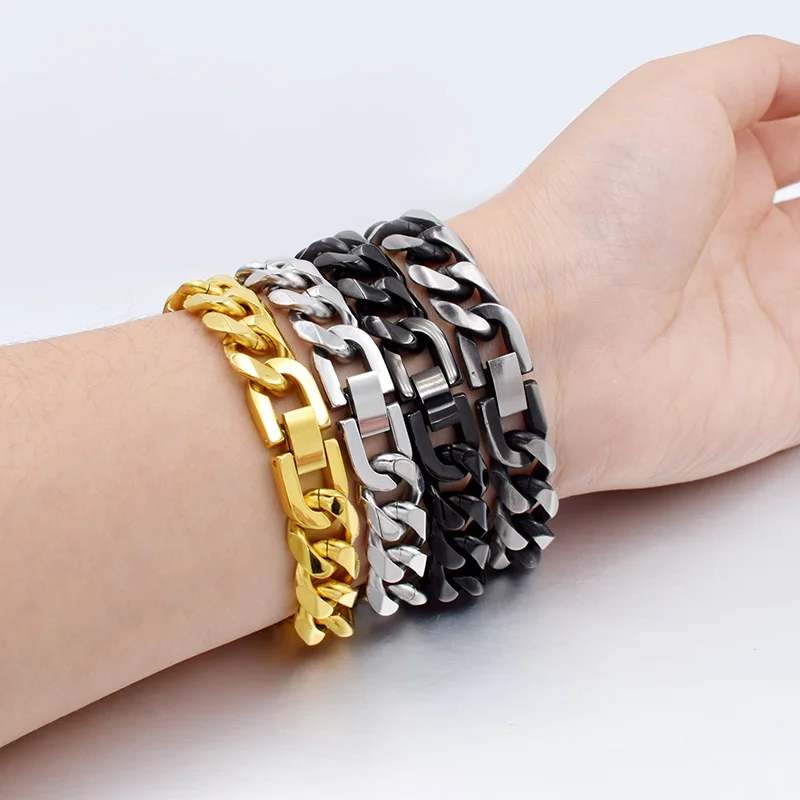 CHIMDOU 21cm 13mm Cool Fashion High Quality Stainless Steel Pop Punk Rock Style Round Chain Link Bracelet Men Jewelry AB713