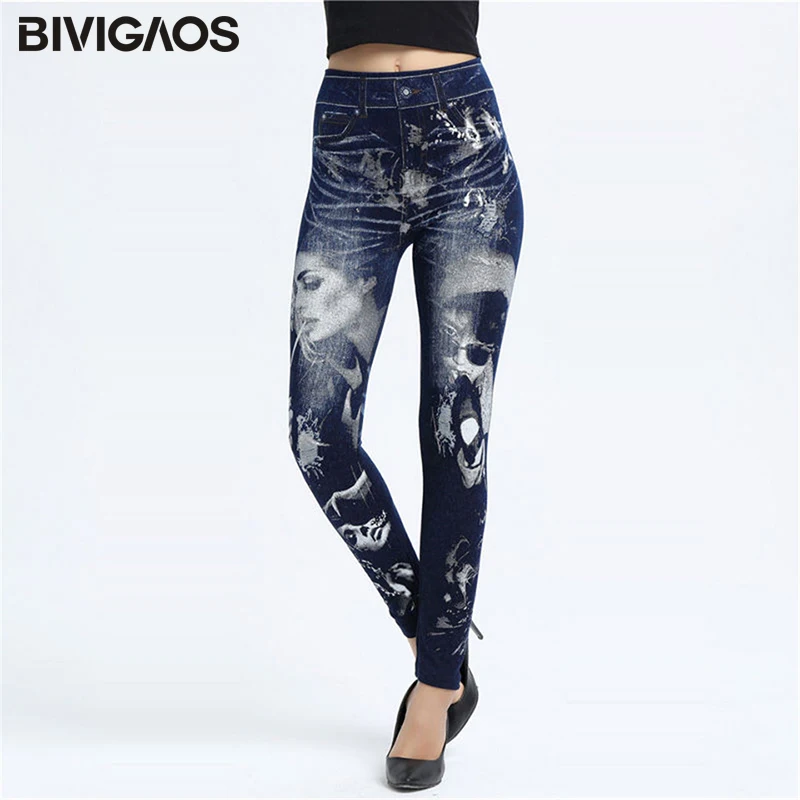 Bivigaos Baru Womens Faux Denim Jeans Legging Kapas Kecantikan Dicetak Seluar Jegging Pinggang Tinggi Celana Legging Wanita Push Up Jegging