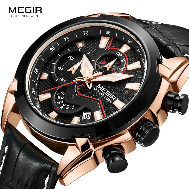 MEGIR Men\'s Fashion Sports Quartz Watches Leather Waterproof Luminous Chronograph Wristwatch Clock Relogios Masculino 2065 Rose