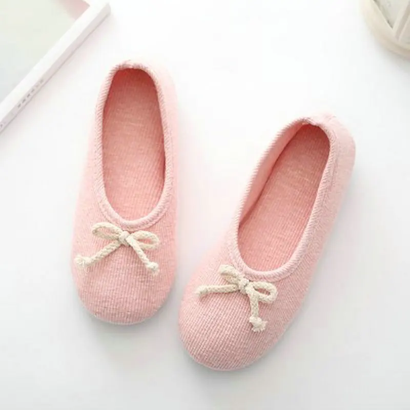 Lovely Bowtie Autumn Women Home Slippers For Indoor Bedroom Soft Bottom Cotton Warm Shoes Adult Guests Flats Non-Sip Girl Shoes