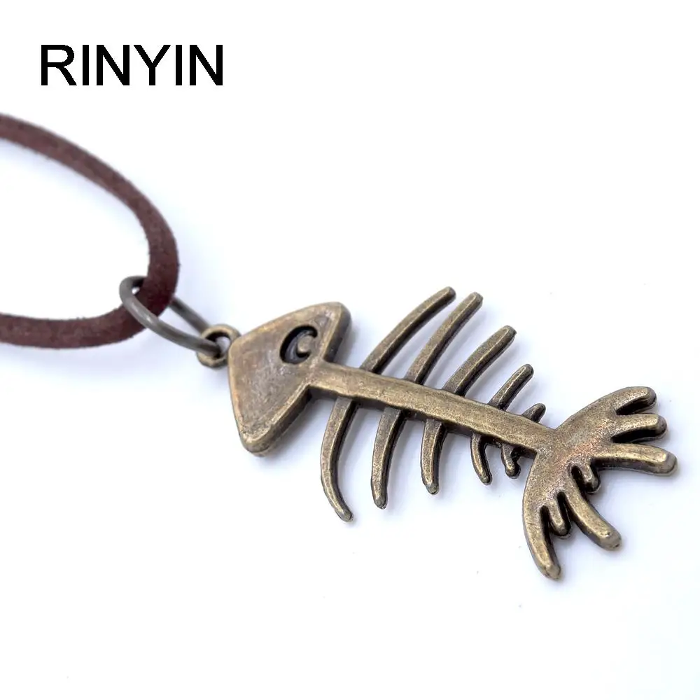 Long Leather Necklace Retro Jewelry Vintage Necklace Hiphop Rock Style Wholesale Fish Bone Pendant