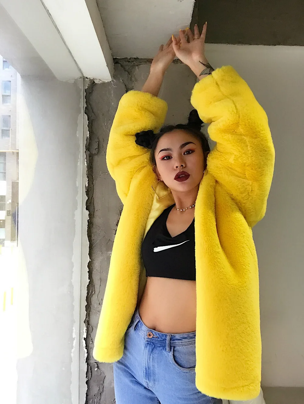 Yellow Faux Fur Jacket Women\'s Winter Coat Top Long Sleeve Elegant Fluffy Shaggy Fake Fur Coats Female Outerwear Ladies Overcoat