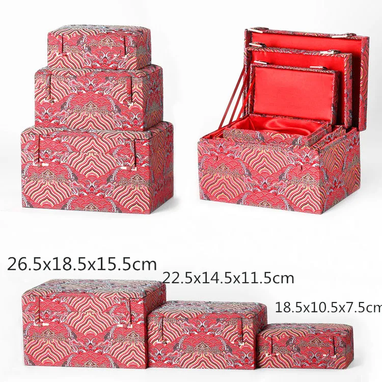 3 Size Luxury Chinese New year Gift Box Vintage Wooden Cotton Filled Rectangle Silk Brocade Collector Storage Box Decorative