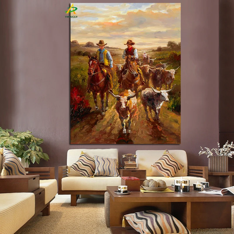 YWDECOR Cowboy Knight Herding the Cows Oil Painting HD Print on Canvas Pastoral Wall Painting Art Picture for Living Room Decor