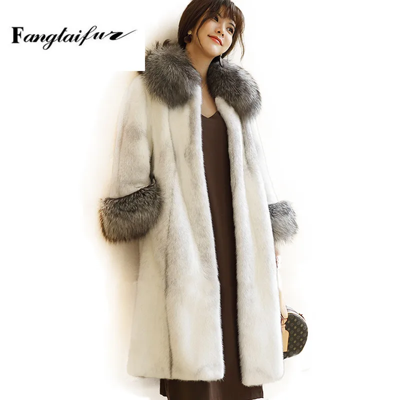 

Fang Tai Fur Import Velvet Mink Fur Coat Full Nine Quarter Sleeve Mink Coat With Gold Island Fox Fur Collar Mink Fur Coats