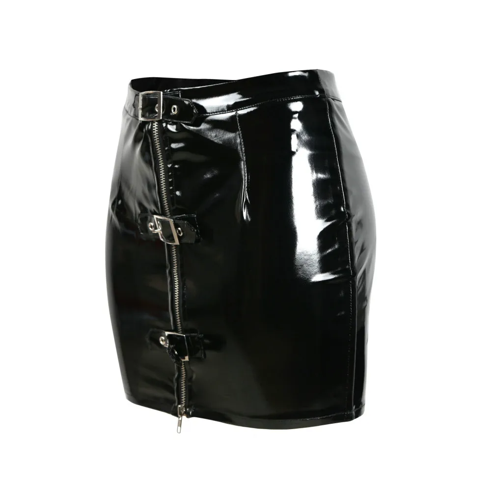 Women Wet Look PVC Latex Pencil Skirt Vinyl Zipper Adjustable Button Shiny Clubwear Bodycon Mini Skirt