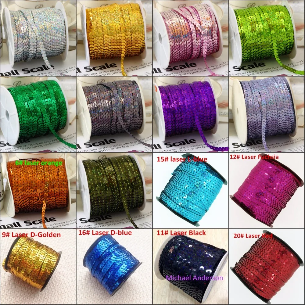 100Yards/Lot 6mm Laser Sequins sewing on Trim Sewing Flat Round Paillette Strings in Roll For Decoration Craft Garment Accessory