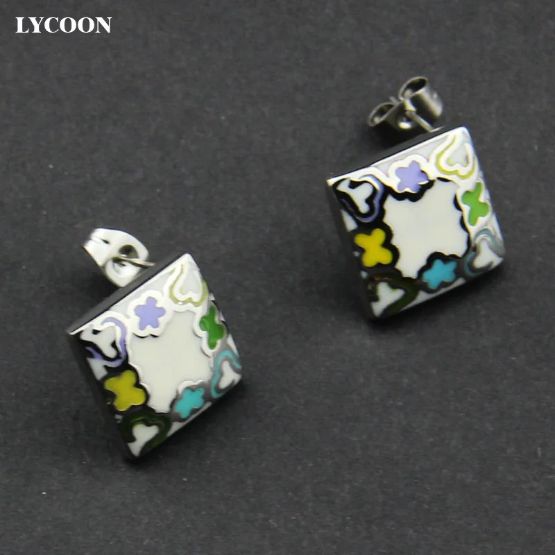 LYCOON new stainless steel square style lady white Stud Earrings with colorful flower resin enamel earrings for women LYS019