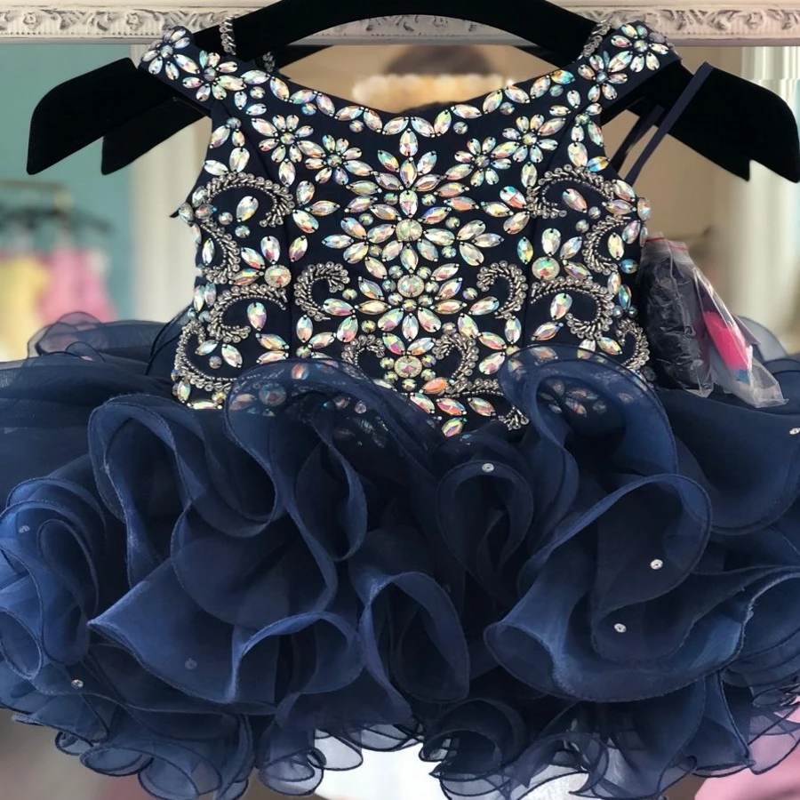 Cupcake Meisje Pageant Dress 2019 Off The Shoulder Navy Baby Peuter Tieners Prom Formele Birthday Party Toga Zip Korte