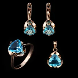 Luxury Fashion Earring Jewelry Sets Trendy Heart Blue Stone 585 Gold Color Ring and Necklace Jewelry Setsr Women Accessories