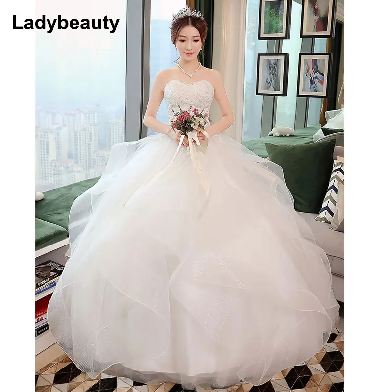 Baru Elegan Putri Pernikahan Gaun 2018 Manis Gaun Bola Renda Hingga Kembali Manik Tulle Lantai Panjang Pengantin Gowns Changuan Vestido de Noiva