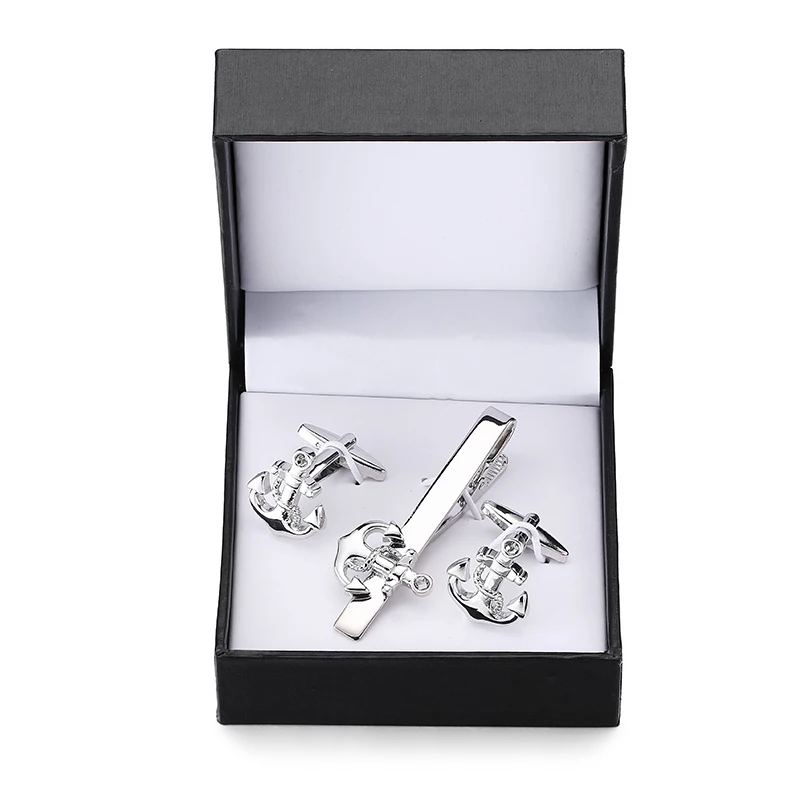 

WN A set of high-end brand silvery anchor tie clip Cufflinks fashion men French Cufflinks tie clip box set free shipping