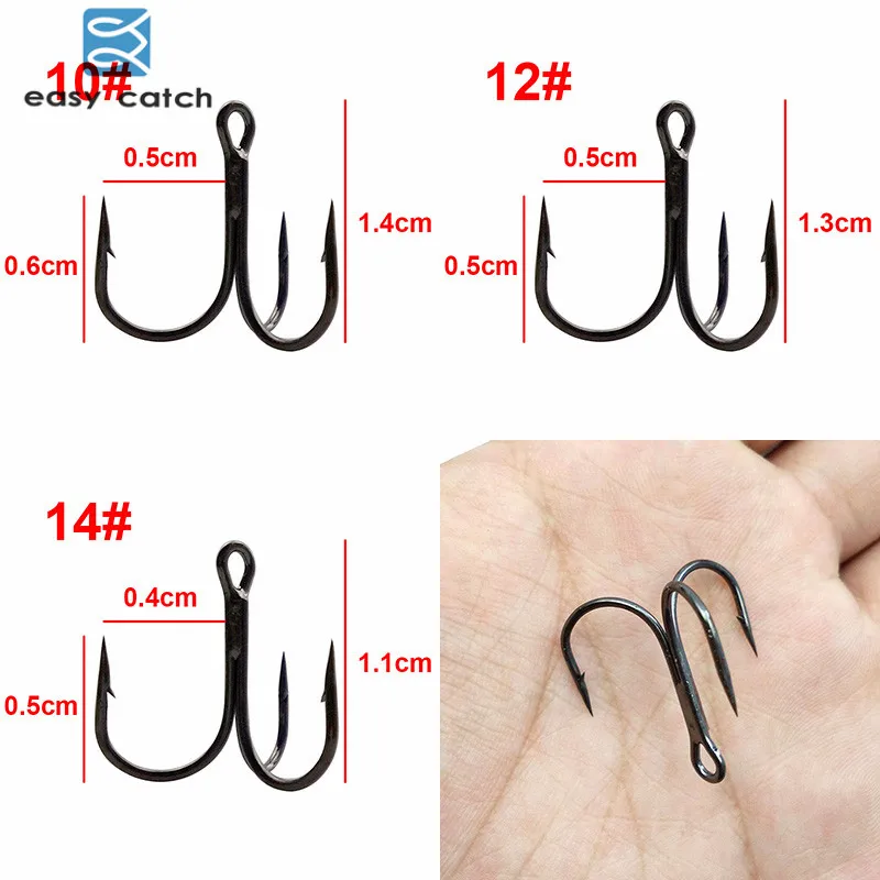 Easy Catch 100pcs 35647 Treble Fishing Hooks Black Small Round Bent Triple Hard Lure Spoon Fishhook Size 2 4 6 8 10 12 14