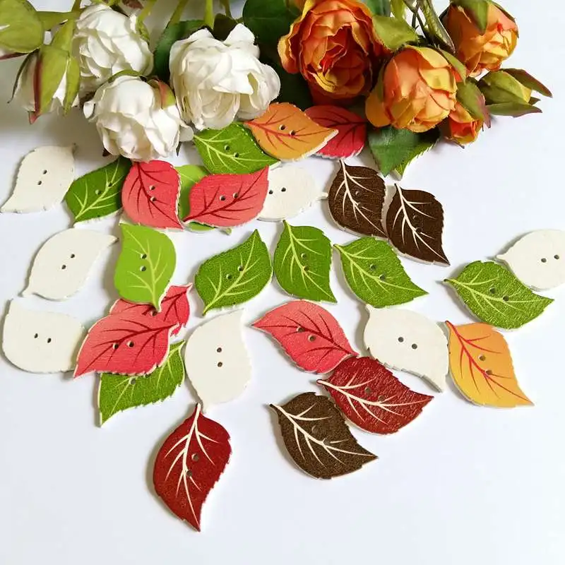 50pcs Cute Leaves Shaped Wooden Buttons 2 Holes Mixed Sewing Accessories Wood Botton For Clothing DIY Scrapbooking