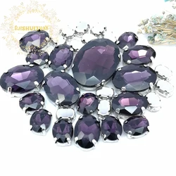 Silver Claw Setting 30pcs/Bag Deep Purple Oval Shapes Mix Clear Gass Crystal Sew On Rhinestone Wedding Dress Shoes Bag Diy Trim