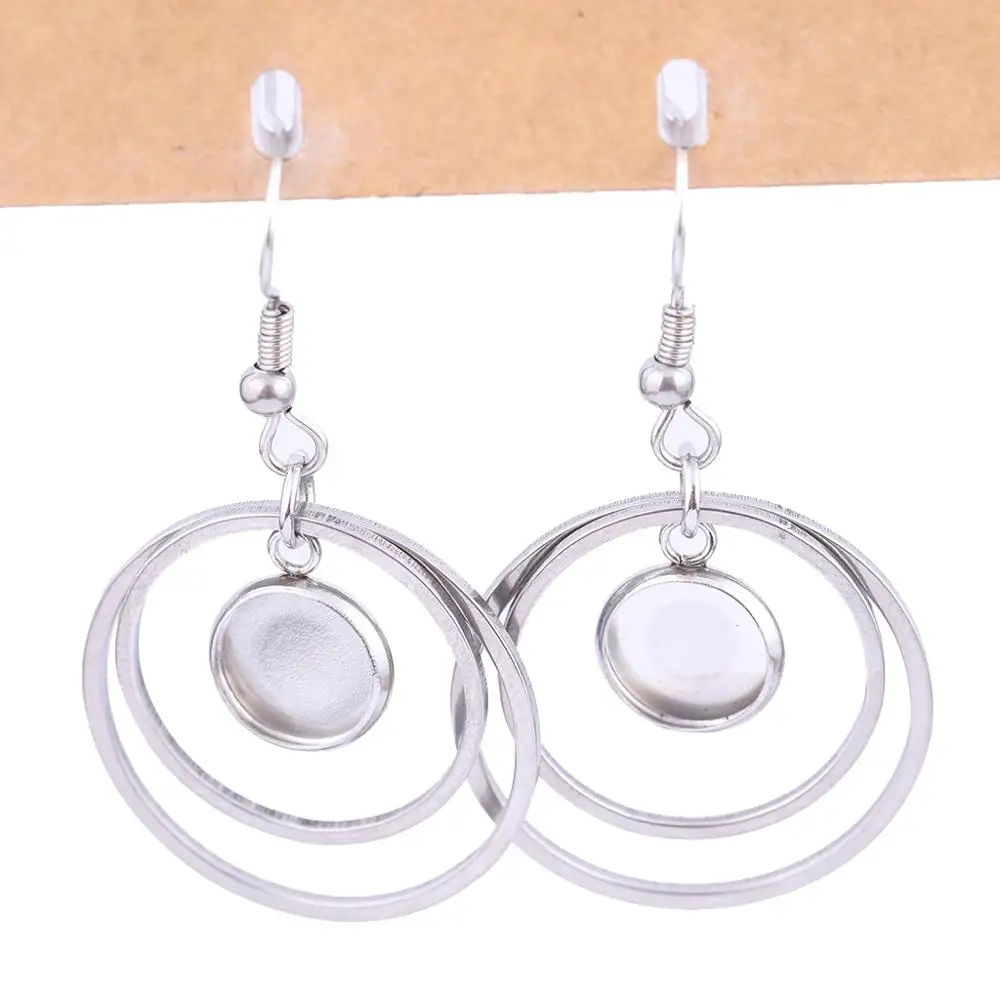 

10pcs Fitting 8mm Cabochon Earring Base Blanks Stainless steel cameo bezel settings with double circle hoop charms diy findings