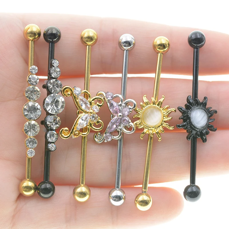 1Pc 1.6x38mm Sun Opal Gem Industrial Piercing Barbells Nails Ear Studs Earrings Plugs Unique Design Body Jewelry