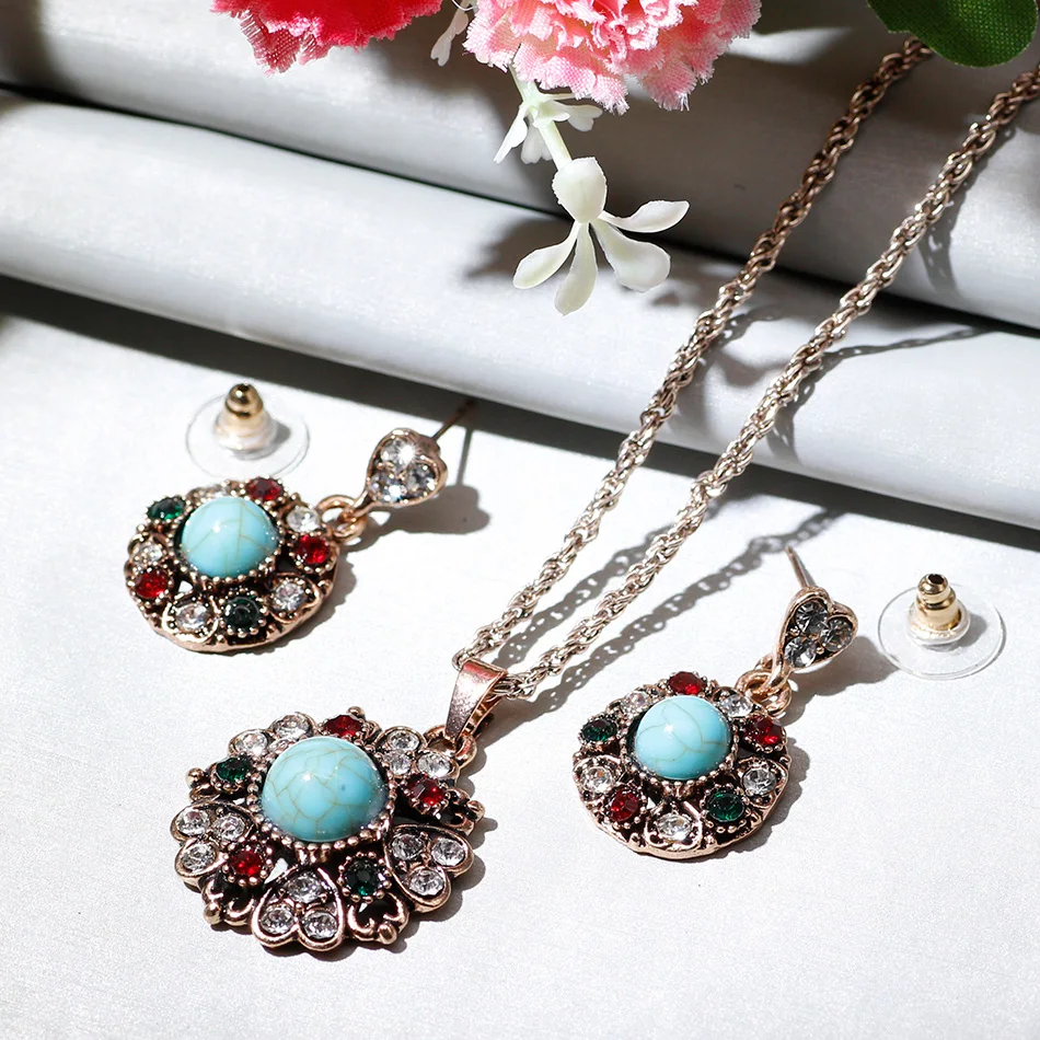 Sunspicems Vintage Turkish Jewelry Sets for Women Bohemia Bride Wedding Jewelry Natural Stone Indian Earring Necklace Sets Gift